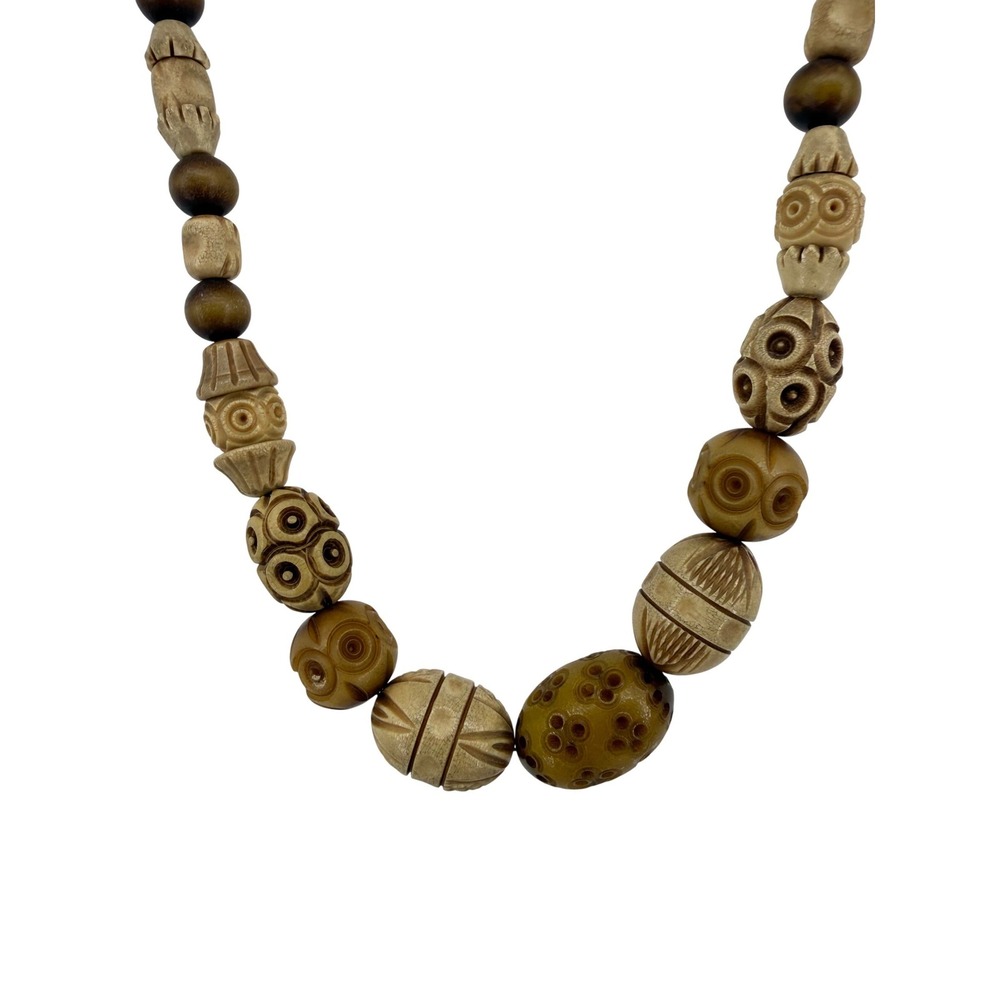 Vintage Hand Carved Beaded Necklace‎ Brown Tan Earthy Boho Statement - Picture 2 of 6